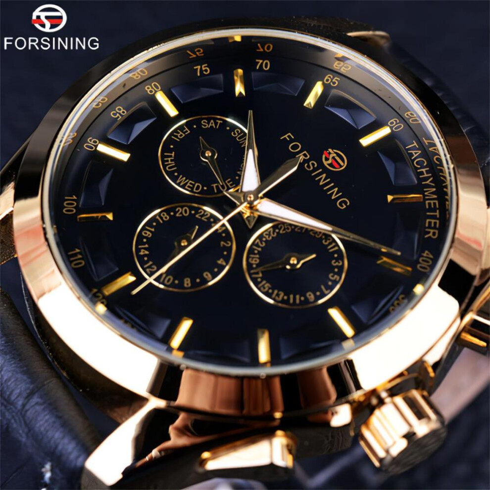 (black,gold) Forsining Retro Fashion Designer Three Dial Decoration Genuine Leather Golden Men Luxury Brand Automatic Mechanical Watches
