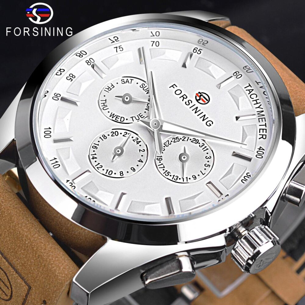 (brown) Forsining Retro Fashion Designer Three Dial Decoration Genuine Leather Golden Men Luxury Brand Automatic Mechanical Watches