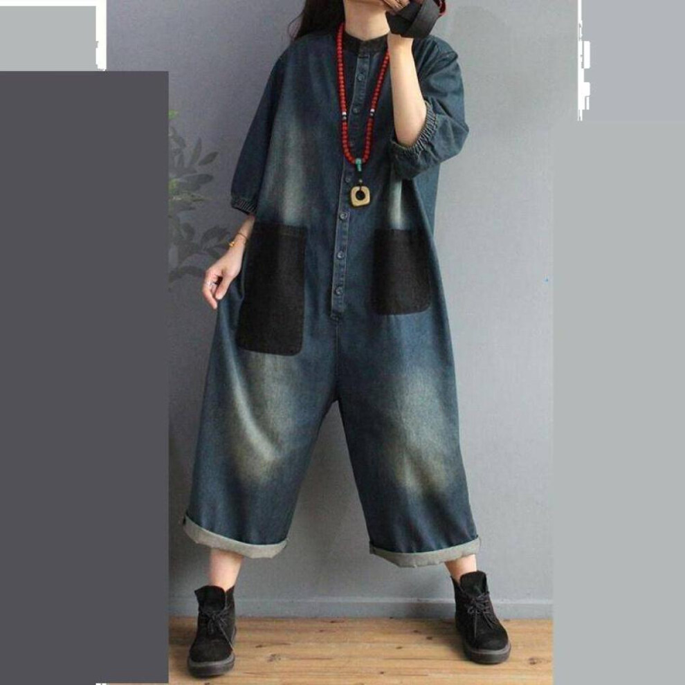 (blue, M) Women Jumpsuits Overalls Denim Jeans Ankle-length Pants   Spring Vintage Female  Loose Casual Spliced Pockets