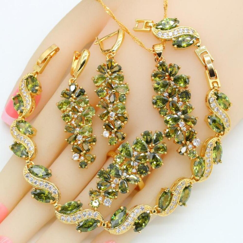 (8) Luxury Green Peridot Gold Jewelry Sets For Women Earrings Necklace Pendant Ring Bracelet Christmas Birthday Gift