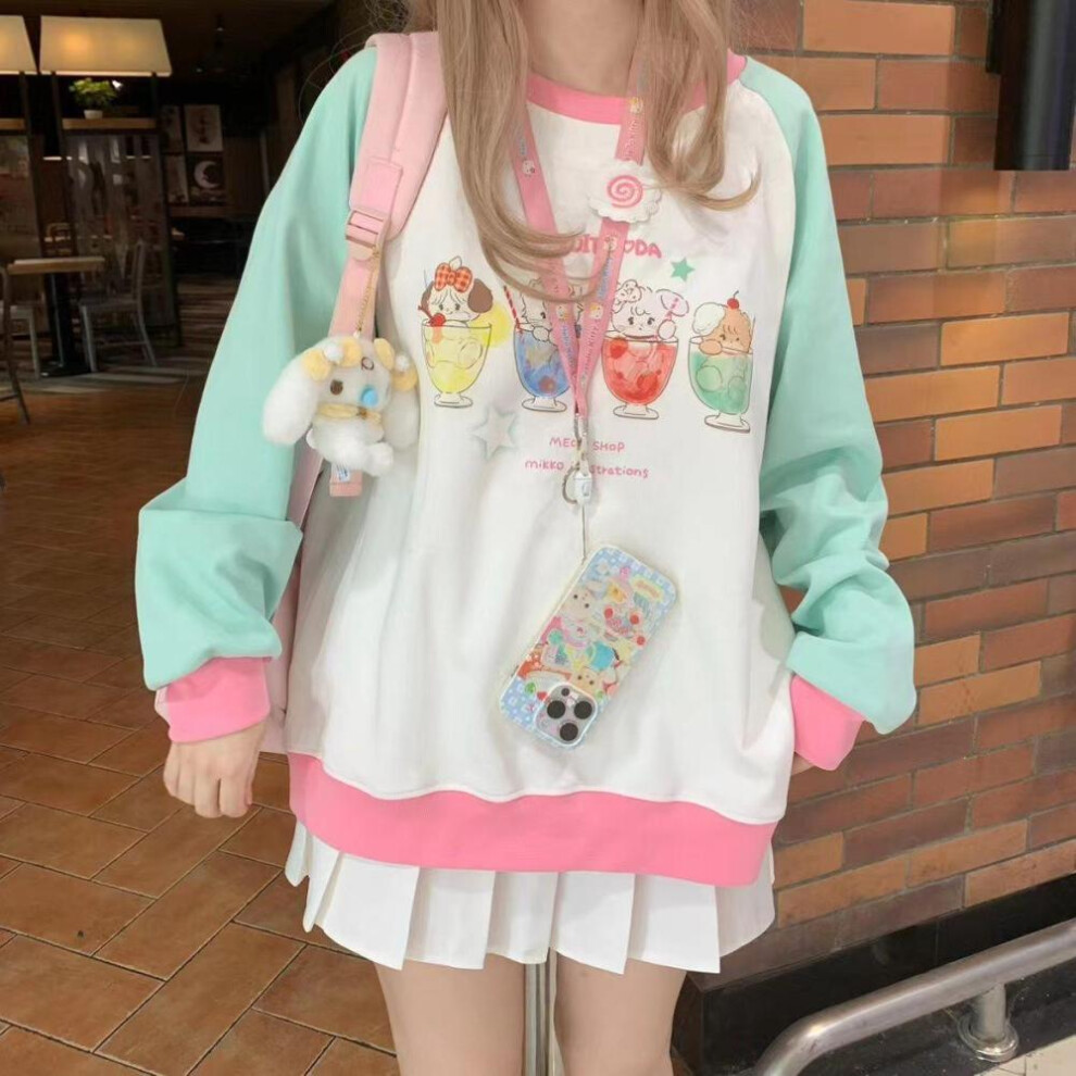 (white, XL) Y2k Harajuku Kawaii Cute Hoodie Women Japanese Fashion Patchwork Cartoon Print Design Sweatshirt Preppy Style Female New