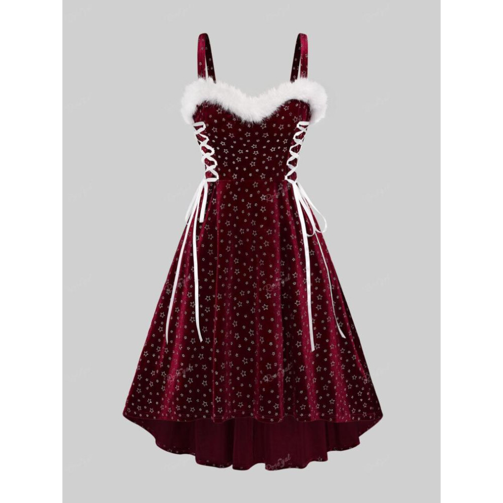 (deep,red, 3XL) Rosegal Plus Size Christmas Glitter Pentagram Stamping Lace Up Fuzzy Trim Ruched High Low Velvet Tank Party Dress