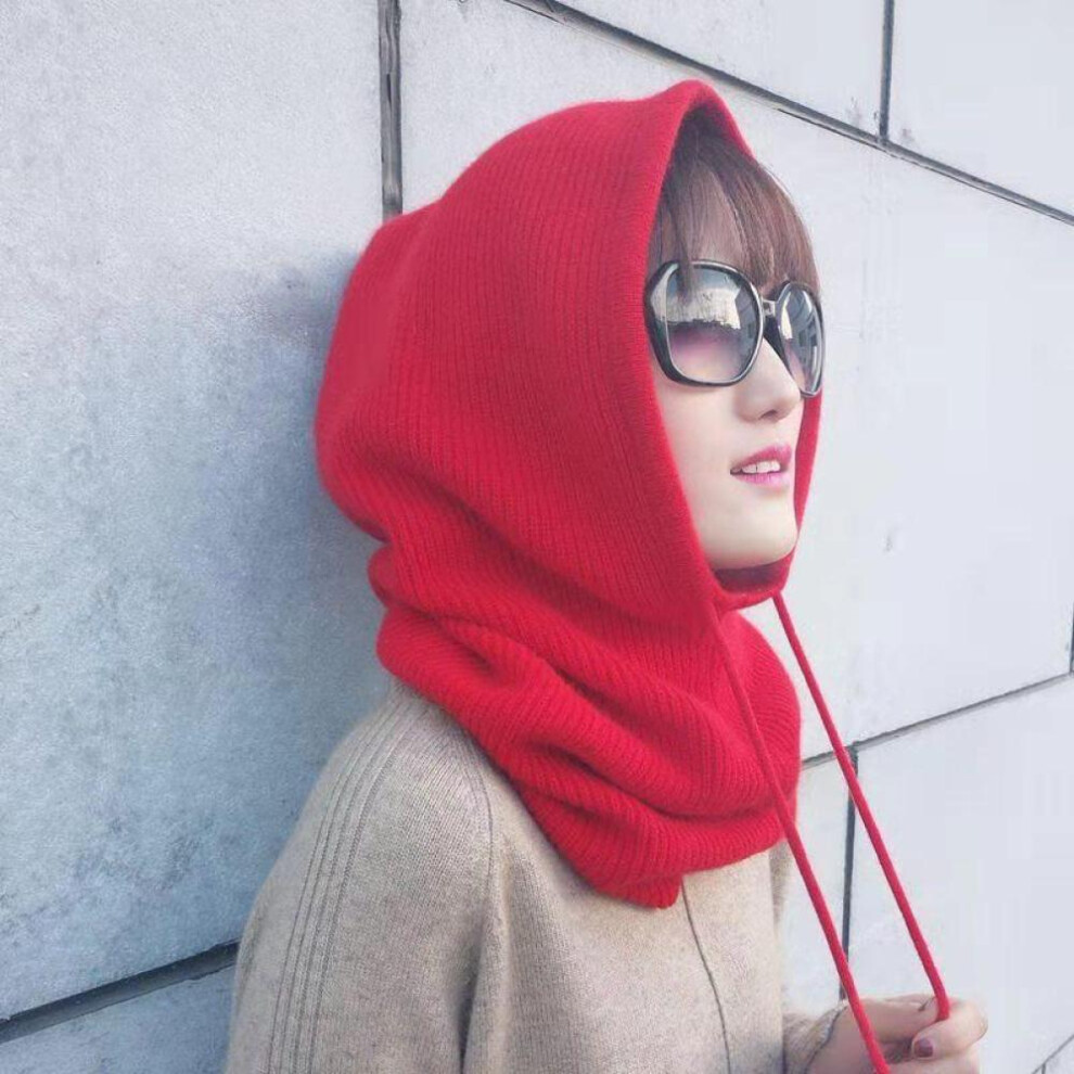 (as the picture, Red) Hat Soft Women Winter Beanie Hat Cashmere Female Knitted Hooded Scarf Balaclava For Women Windproof Warm Wool Cap