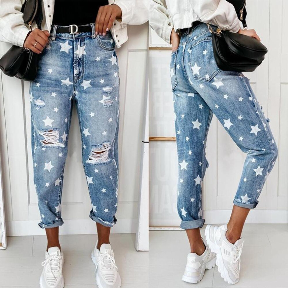 (blue, M) Printed Washed Ripped Skinny Denim Jeans For Women
