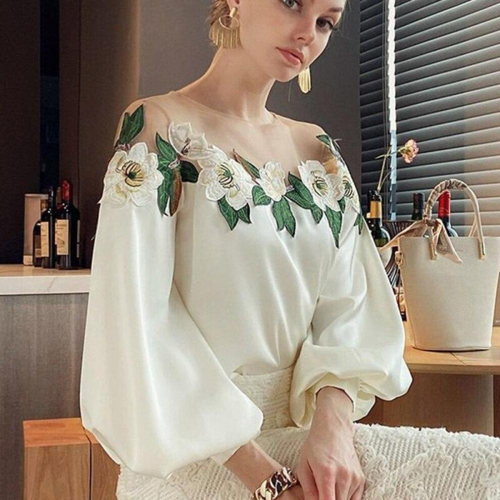 (beige, XXXL) Spring Autumn Mesh Patchwork Satin Blouse Elegant Embroidered Shirt O-neck Tops Long Lantern Sleeve Womens Clothes 24976