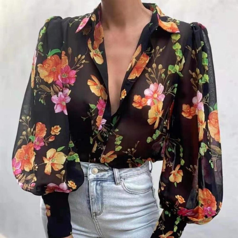 (black, L) Stylish Long Sleeve Floral Chiffon Shirts For Women Elegant Loose Leopard Print Blouse Women Button Up Casual Lady Blouses Vintage Tops 24043