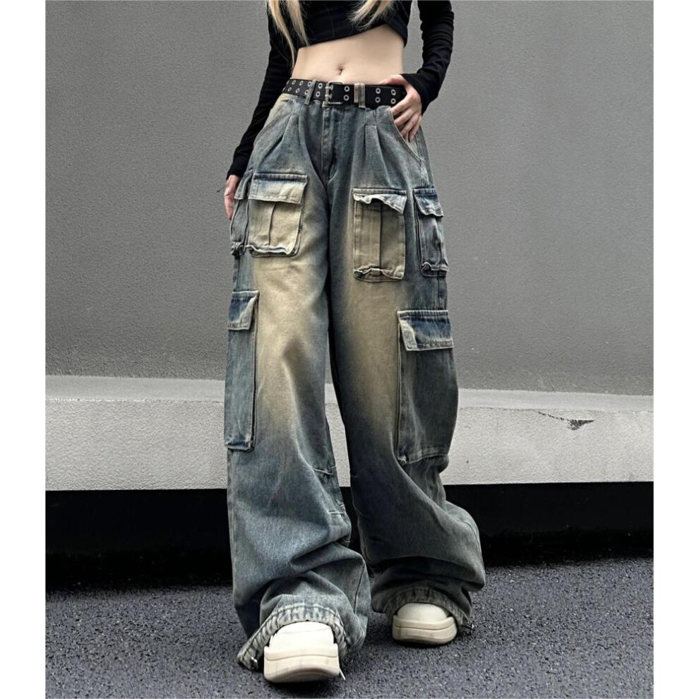 (as the picture, S) Multi-pocket Streetwear Cargo Pants Women Autumn Winter Wide-leg Washable Oversized Jeans Women Y2k Baggy Denim Pant