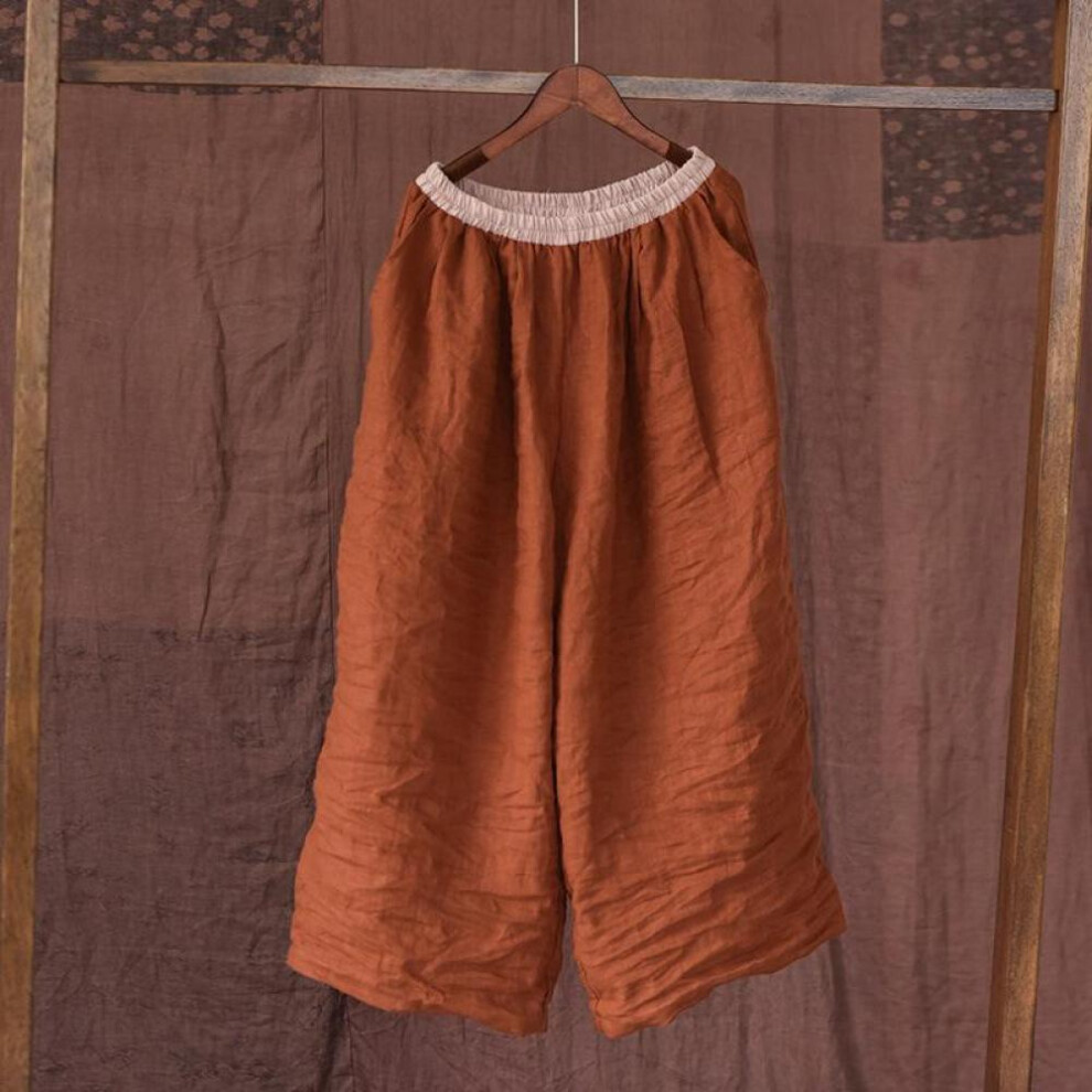 (orange, One Size) Johnature Women Linen Vintage Wide Leg Pants Elastic Waist Solid Color Trouser Spring Loose Pockets Women Long Pants