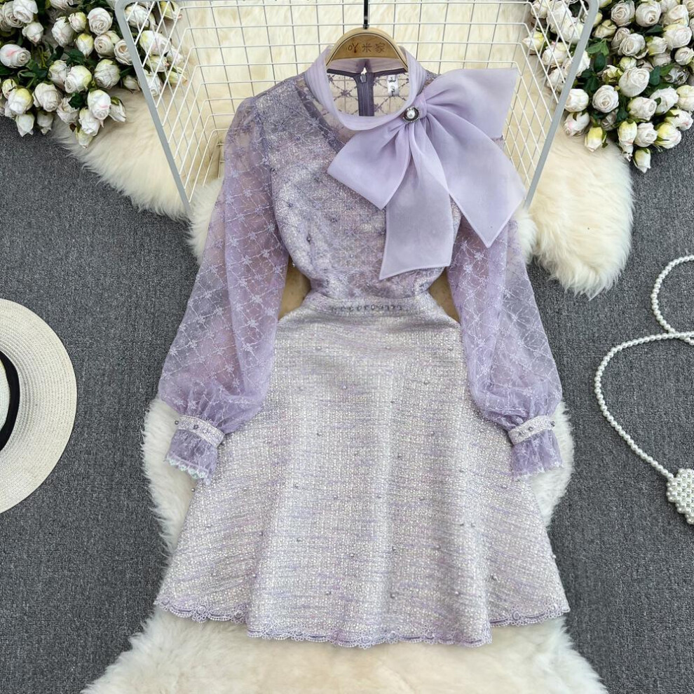 (purple, M) Spring Autumn Women Elegant Purple Embroidery Mesh Tweed Patchwork Party Dress Bowtie Beading Mini Short Dresses