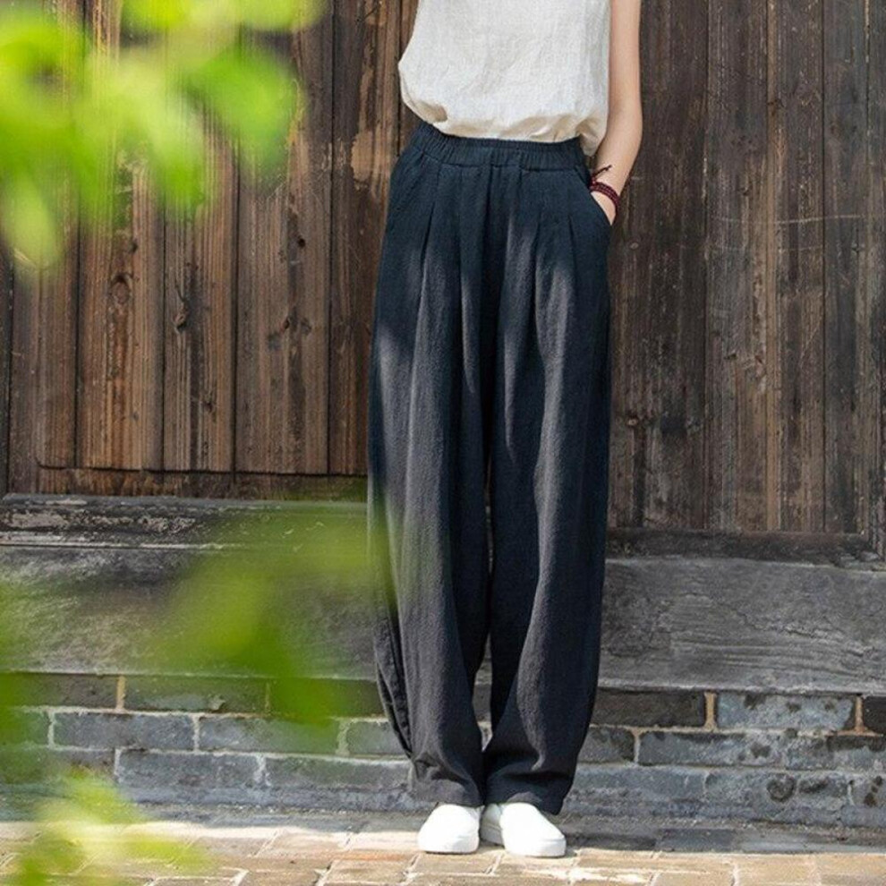 (black, One Size) Johnature Women Loose Cotton Linen Casual Pants Solid Color Elastic Waist Lantern Pants Autumn Winter Simple Trousers