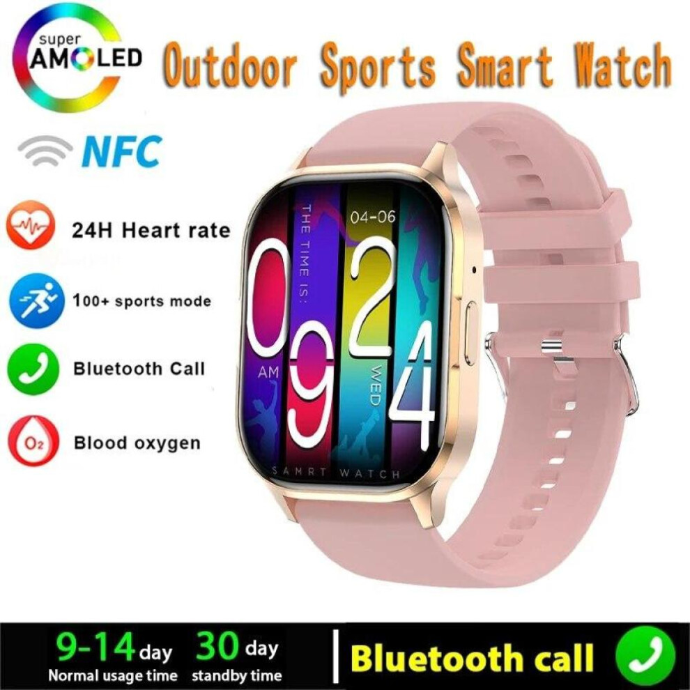 (pink, Silicone band) New Amoled Screen Smart Watch Always Show Time Bluetooth Call Series 8 High Refresh Rtae Nfc Smartwatch Men Sport Watches Women