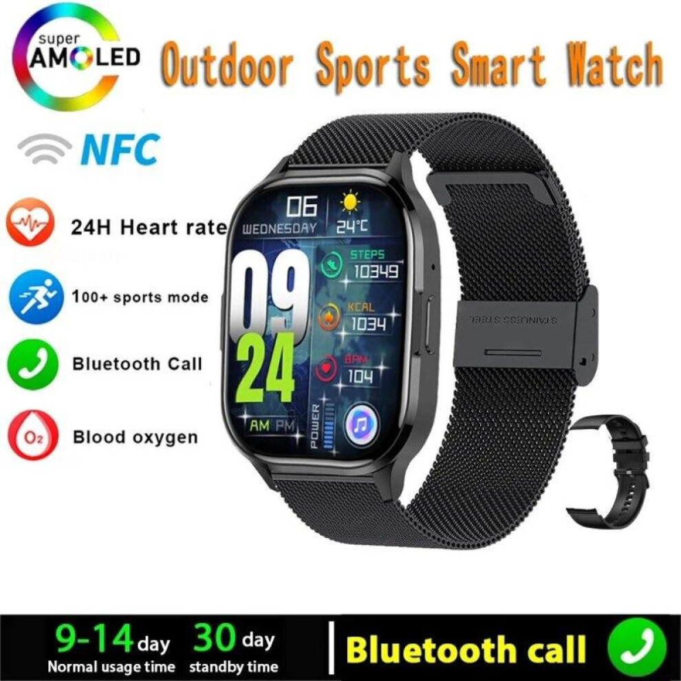 (black, Milan steel) New Amoled Screen Smart Watch Always Show Time Bluetooth Call Series 8 High Refresh Rtae Nfc Smartwatch Men Sport Watches Women