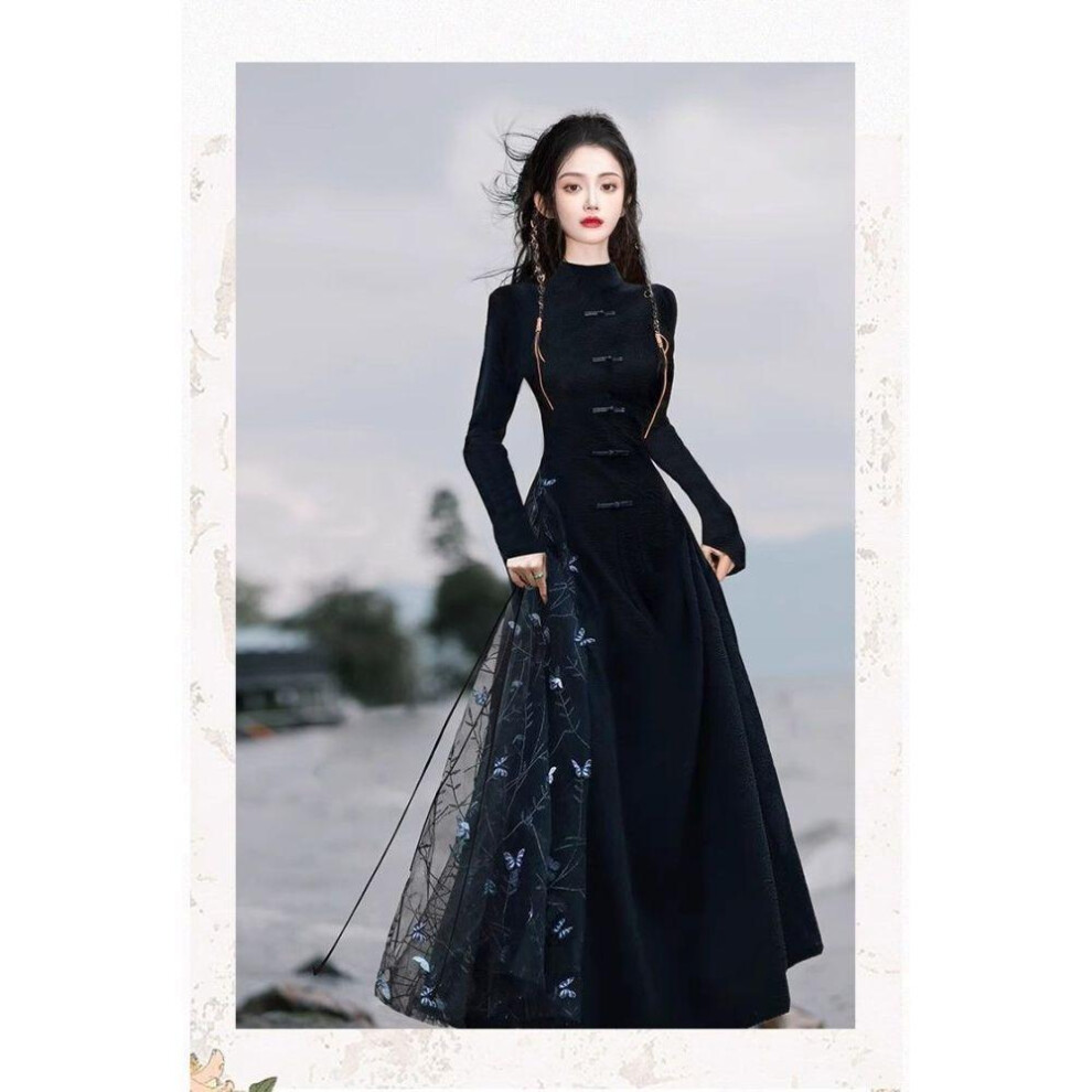 (black, S) Chinese Style Improved Daily Cheongsam Dress Women&apos;s Retro Three-dimensional Butterfly Black Long Dress
