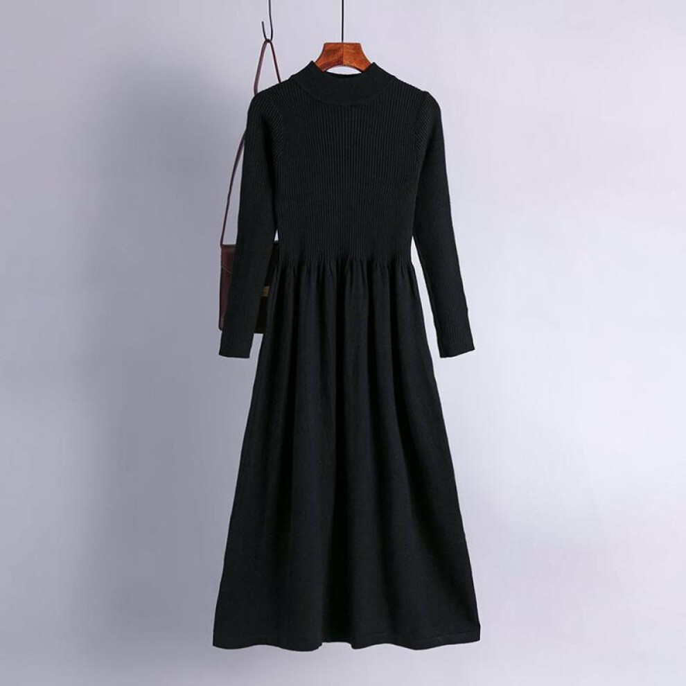 (black, One Size) Women Spring Chic Solid Knitted Sweater Dress Full Sleeve Half High Collar Ladies Temperament Black Blue Khaki Apricot Fuchsia
