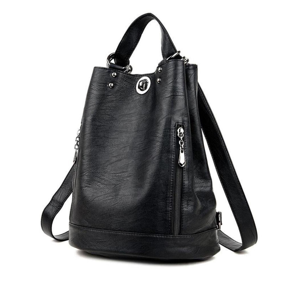 (black, One Size) Durable Fashion Women Pu Leather Black Bagpack Female Rucksack Shoulder Bag