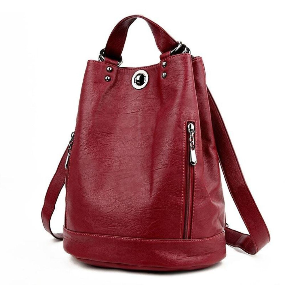 (wine red, One Size) Durable Fashion Women Pu Leather Black Bagpack Female Rucksack Shoulder Bag