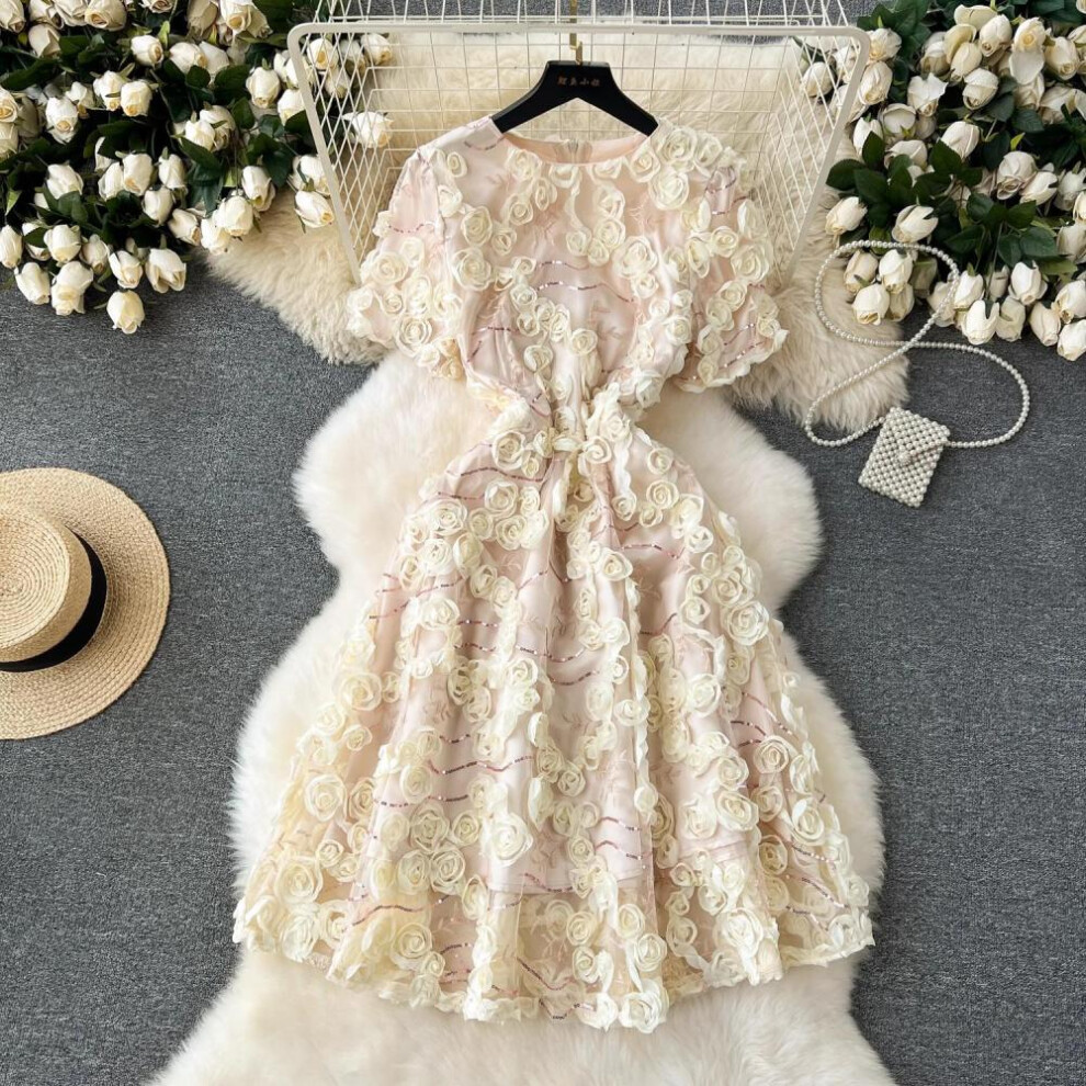 (beige, M) Summer Elegant Fairy Sequined Embroidery Flower Dress Women Chic Mesh Floral Lace Up Midi Evening Birthday Party Dresses