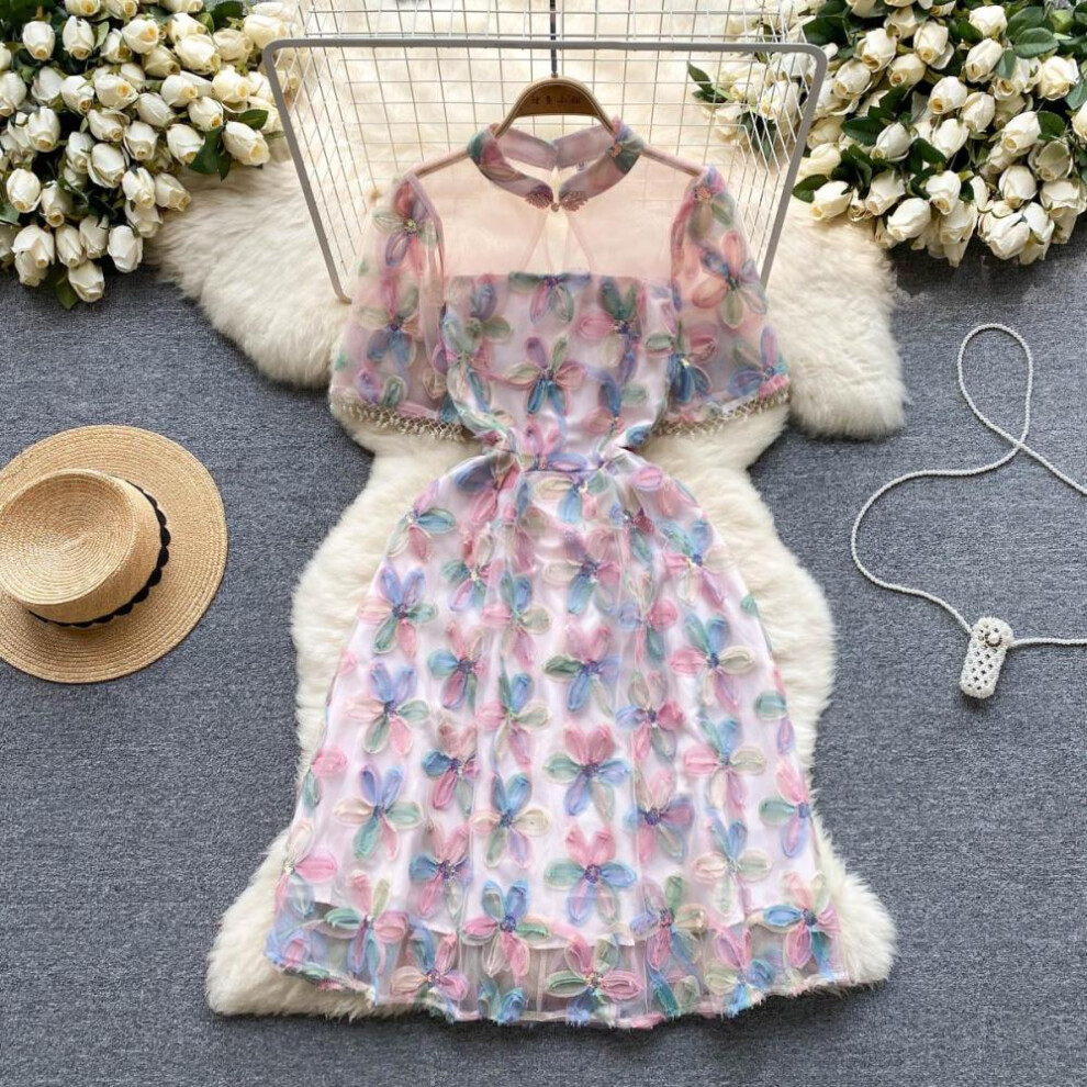 (pink, XL) French Openwork Gauze Stitching Sequined Embroidery Flower A-line Dress Women Fashion O-neck Short Sleeve Party Dresses