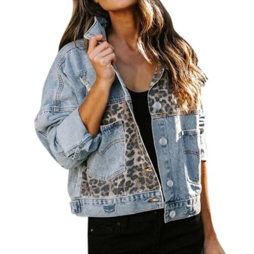 (blue, 3XL) Women Denim Jacket Leopard Splicing Long Sleeves Loose Button Pocket Turn-down Collar Casual Autumn Winter Ladies Female Coat Outwear Womenswear