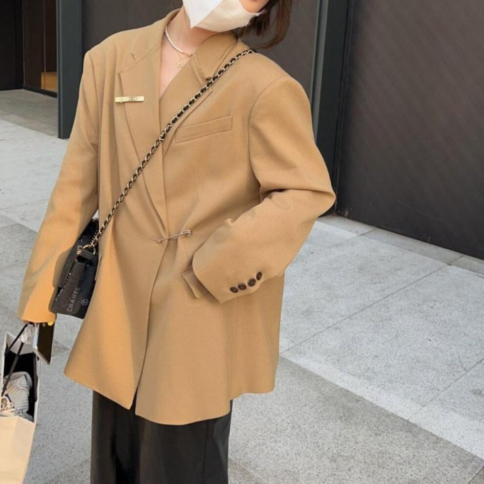 (khaki, XS) Casual Black Oversize Suit Jacket For Women, Loose-fitting Coat With Unique Button Design