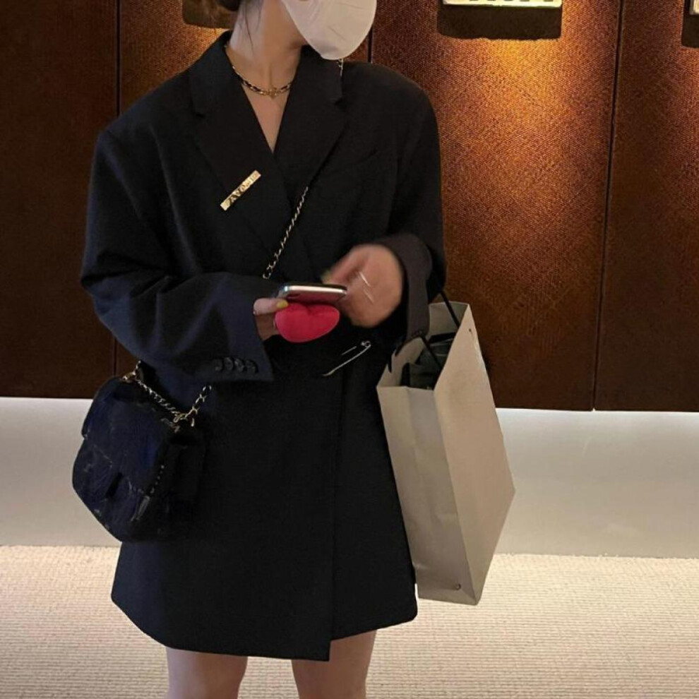 (black, XS) Casual Black Oversize Suit Jacket For Women, Loose-fitting Coat With Unique Button Design