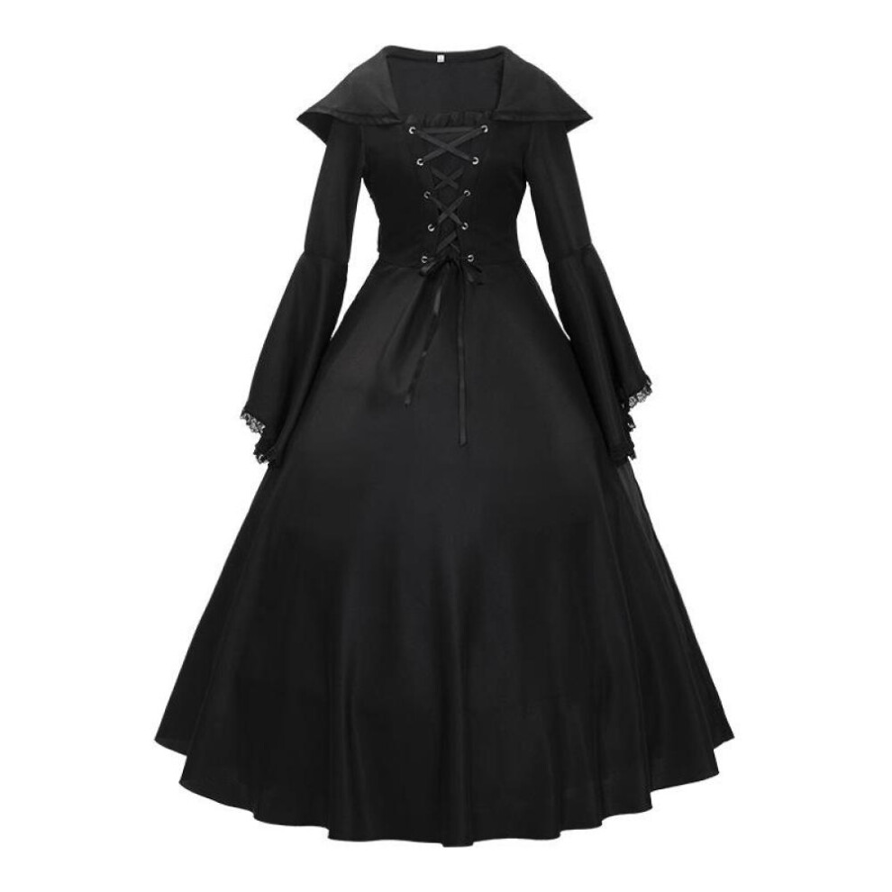 (black, S) Black Vintage Belted Halloween Gothic Vintage Performance Dress Medieval Lace Horn Sleeve Dress