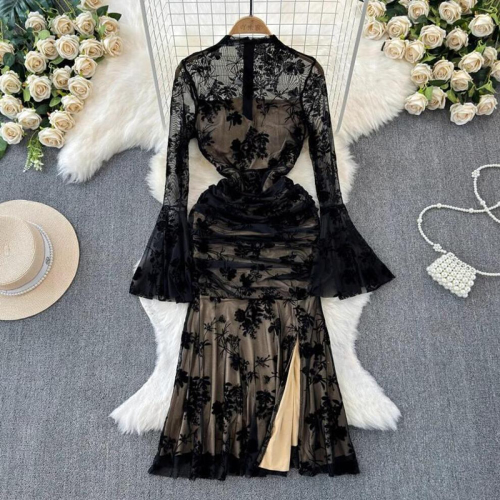 (black, L) French Sexy Velvet Printed Slim Mesh Dress For Women Summer Elegant Flare Sleeves Mesh Mermaid Banquet Long Dresses