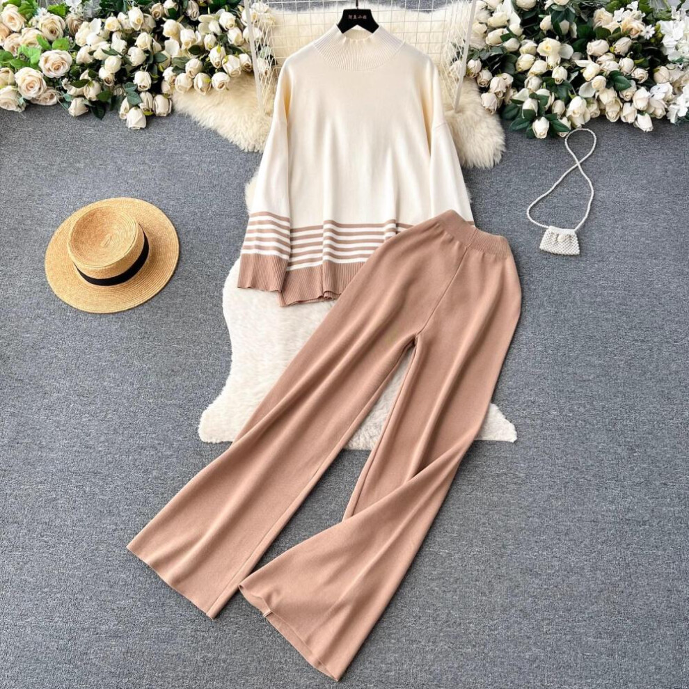(khaki, One Size) Fall Winter Women Turtleneck Long Sleeve Striped Knitted Pullover Tops + Wide-leg Pants Suits Two Piece Set Womens Outfits