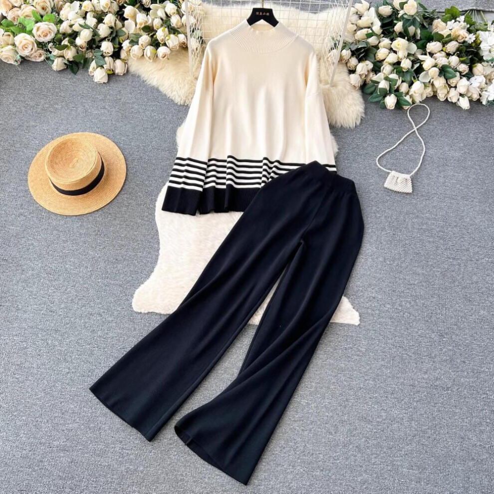 (black, One Size) Fall Winter Women Turtleneck Long Sleeve Striped Knitted Pullover Tops + Wide-leg Pants Suits Two Piece Set Womens Outfits