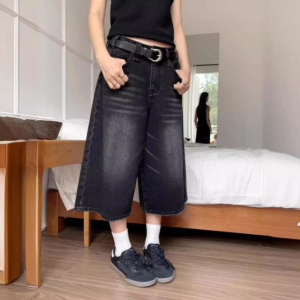 (black, S) Men Low Waist Cropped Black Jeans Acubi Distressed Frayed Denim Casual Wide Pants Retro Y2k Baggy Jorts Women