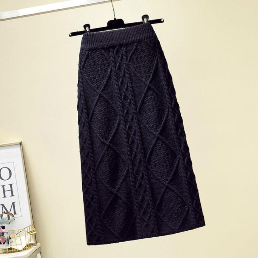 (black, One Size) Fried Dough Twist Casual Knitted Skirt Women Autumn And Winter 2022 High Waist Solid Mid Length Wool Wrapped Hip Skirt Female