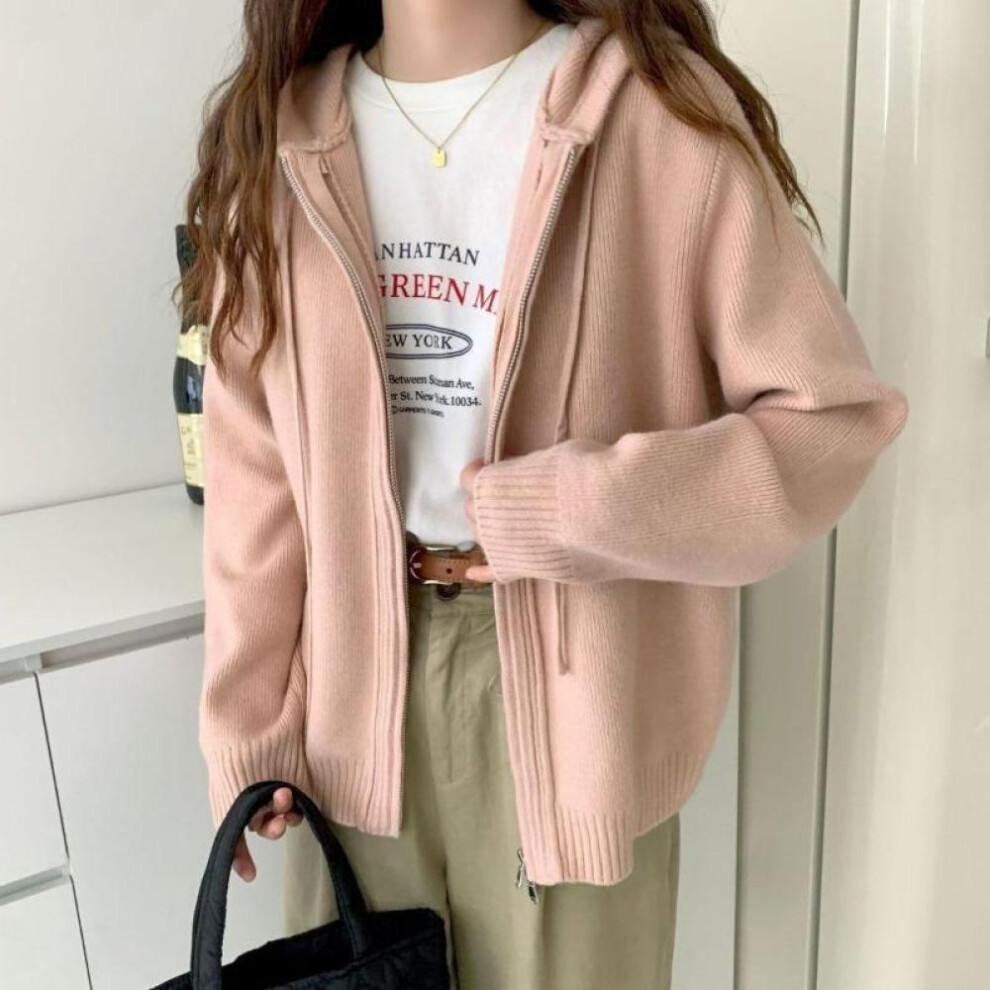 (pink, One Size) Cardigan Sweater Female Autumn And Winter Hooded Double Zipper Sweater Coat Women Loose Outer Wear Lazy Sweater Cardigan Female