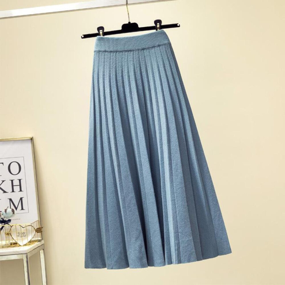 (blue, One Size) Autumn Winter Knitted Midi Long Pleated Skirt Za Women Korean Style Blue Mid-length High Waist Skirt Female