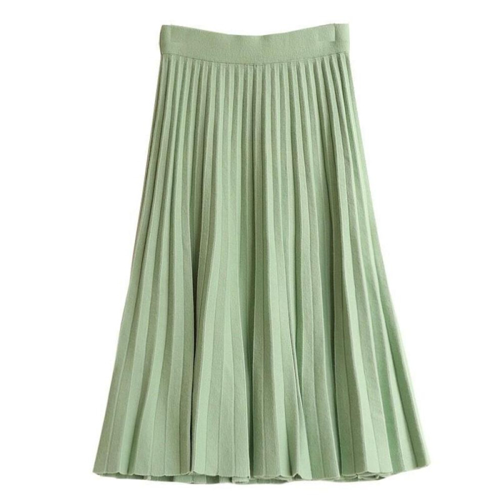 (green, One Size) Autumn Winter Knitted Midi Long Pleated Skirt Za Women Korean Style Blue Mid-length High Waist Skirt Female