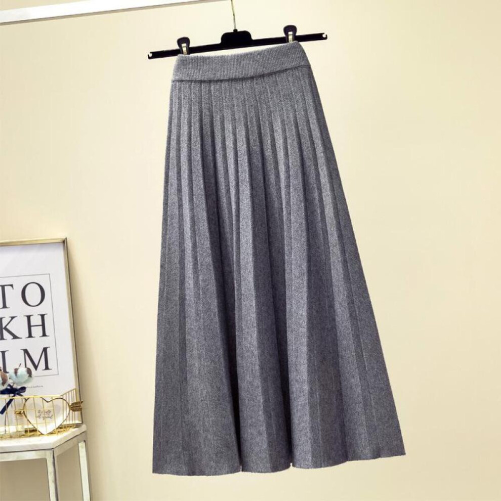 (grey, One Size) Autumn Winter Knitted Midi Long Pleated Skirt Za Women Korean Style Blue Mid-length High Waist Skirt Female