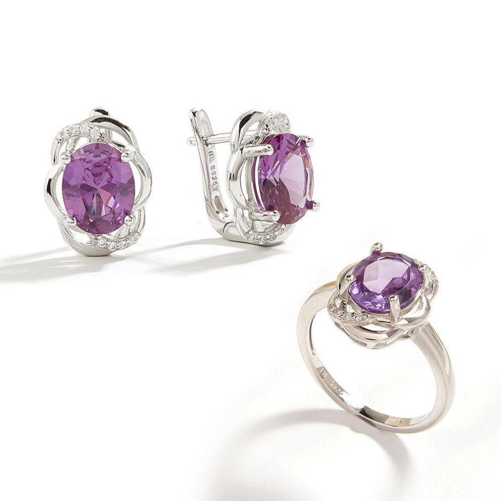 (purple, US RING SIZE 9#) Simple design color-changing gemstone Nano Alexander Ring Earrings Women&apos;s S925 silver fine jewelry Daily wear
