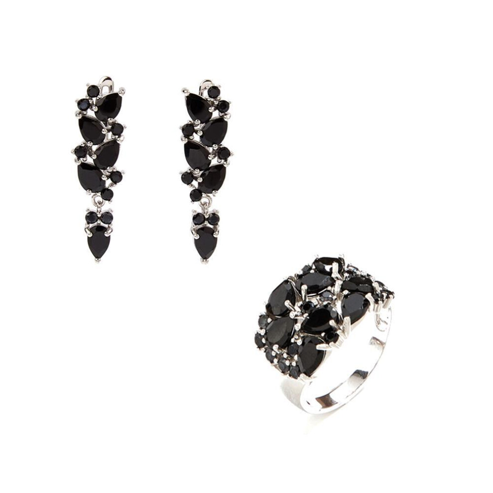 (black, us ring size 8#) Jewelry Set Long Dangle Silver Earrings Rings Natural Black Spinel Gemstone Fashion Jewelry For Women & Lady Wedding & Festival Gift