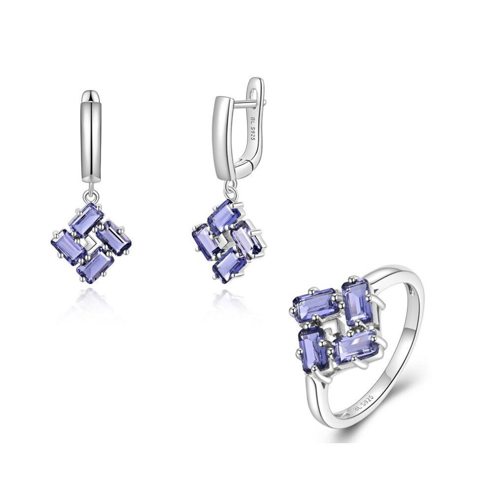 (blue, us ring size 9#) 100% Natural Iolite Jewelry Set Natural Blue Gemstone 925 Sterling Silver Earrings Rings For Women Wife Nice Gift