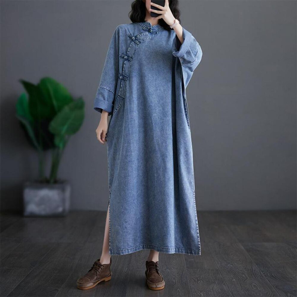 (blue, 2XL) Plus Size Spring Women Denim Dress Buttons Cotton Chinese Style Vintage Loose Oversized Dress Long Sleeve Basic
