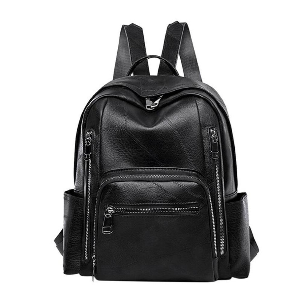 (black) Ladies Vintage Soft Leather Large Capacity Backpack Multi-pocket Leather Student Backpack Travel Rucksack