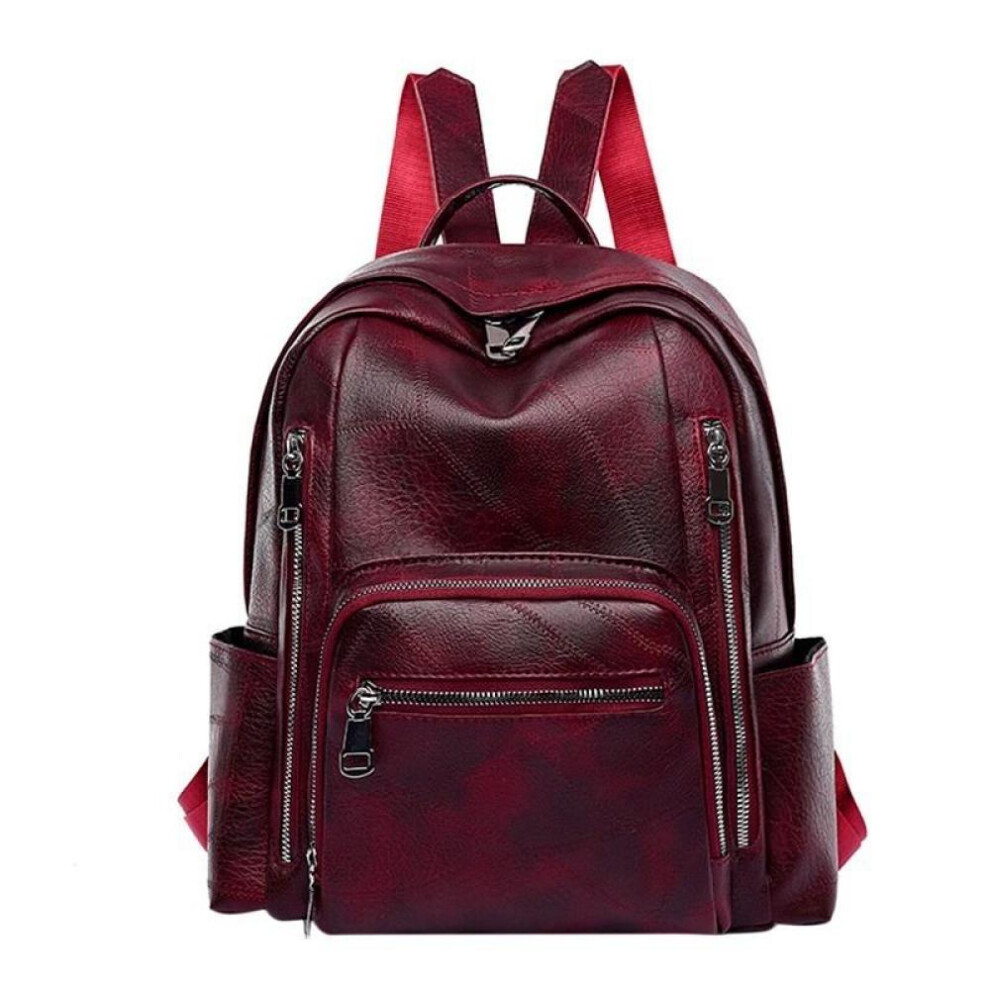 (red) Ladies Vintage Soft Leather Large Capacity Backpack Multi-pocket Leather Student Backpack Travel Rucksack