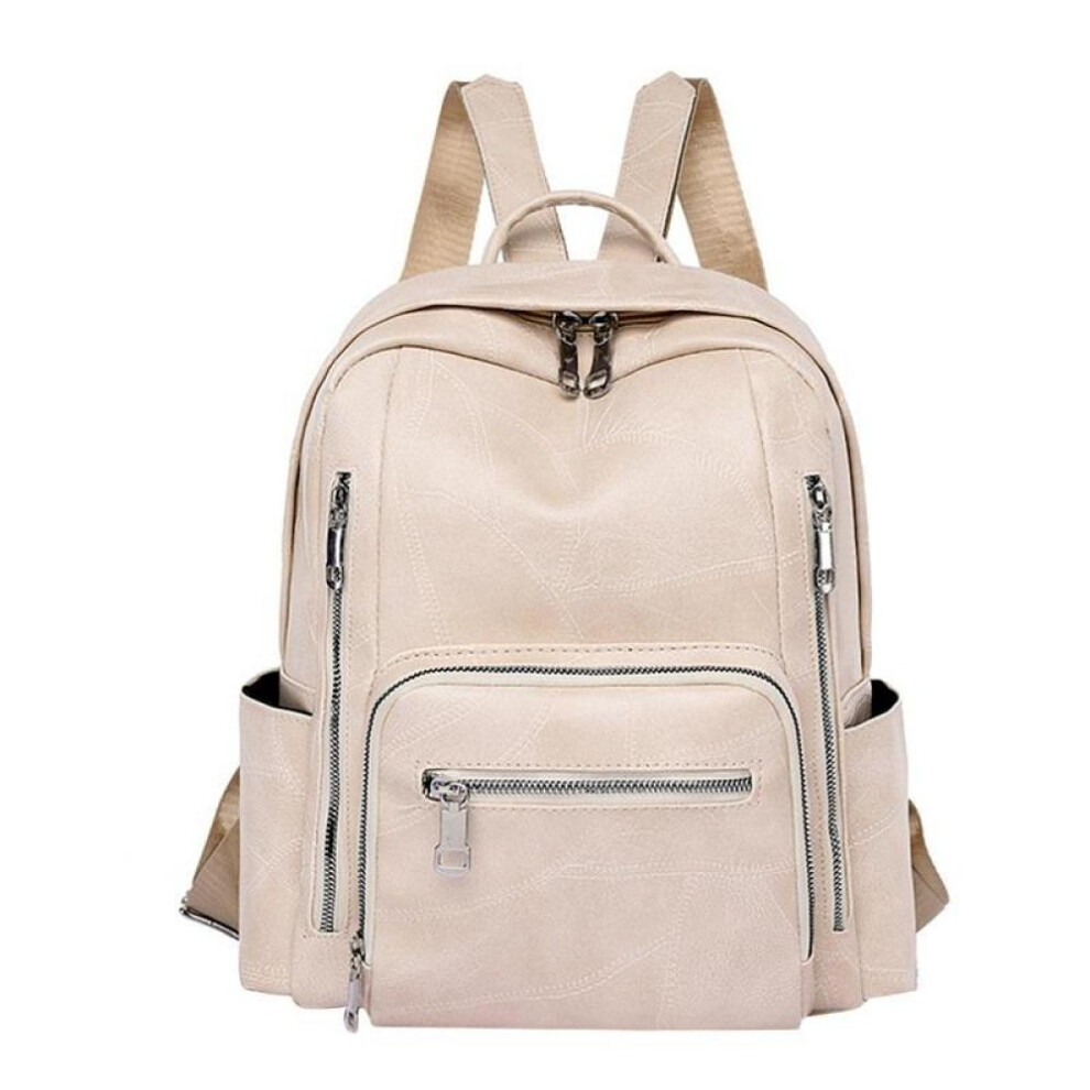 (white) Ladies Vintage Soft Leather Large Capacity Backpack Multi-pocket Leather Student Backpack Travel Rucksack