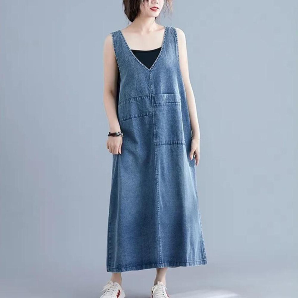 (blue, L) Wtempo Women Cheap Blue Denim Dress Female V-neck Summer Solid Casual Vintage Sleeveless Big Pockets Loose Retro Jeans Dresses