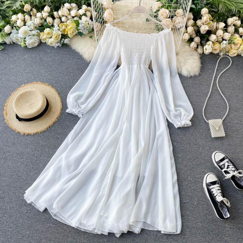 (white, M) Spring Autumn Women Elegant Holiday Dresses Puff Sleeve Slash Neck Off Shoulder Smocked White Chiffon Dresses