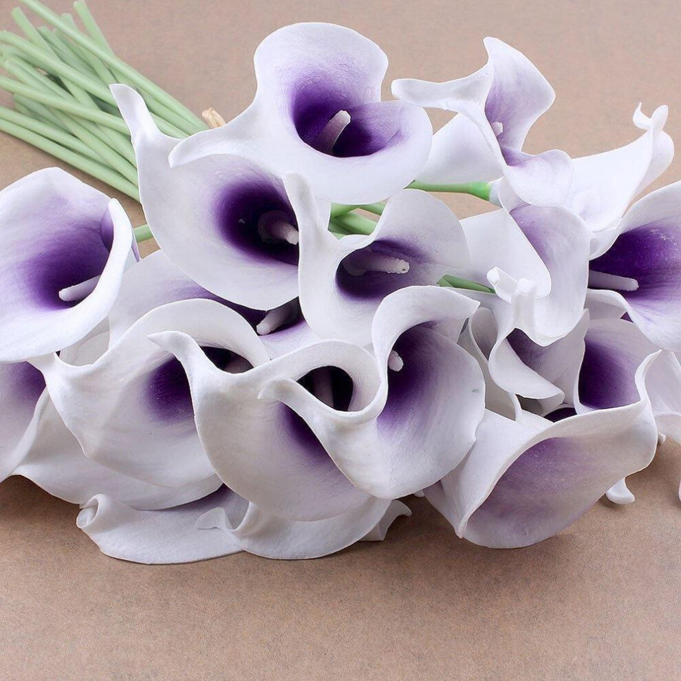 (purple,white, 10pcs) Pack of 10 Calla Lily Bridal Wedding Bouquet Head Latex Real Touch Flower Bouquets Home Party Decor