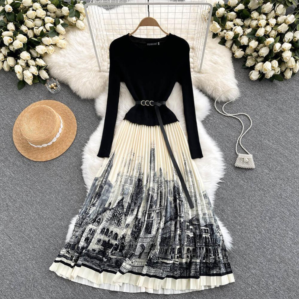 (black, L) Spring And Autumn Women's Dress Hepburn Style French Fashion Dress Waist Slim Ink Painting Printing Splicing Knit Pleated Long Skirt