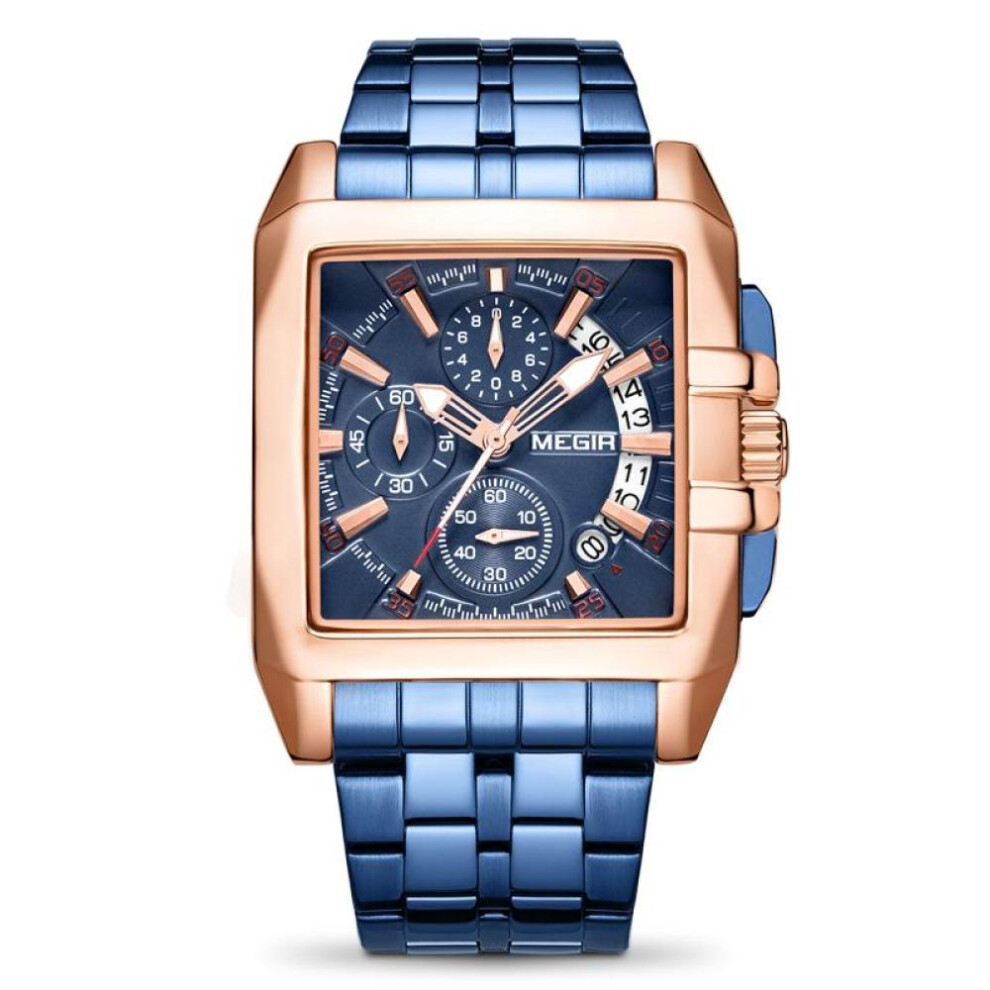 (blue,rose) Megir Blue Stainless Steel Men Watch Rectangle Big Dial Business Quartz Men&apos;s Wristwatches Relogio Masculino Military Watch Man