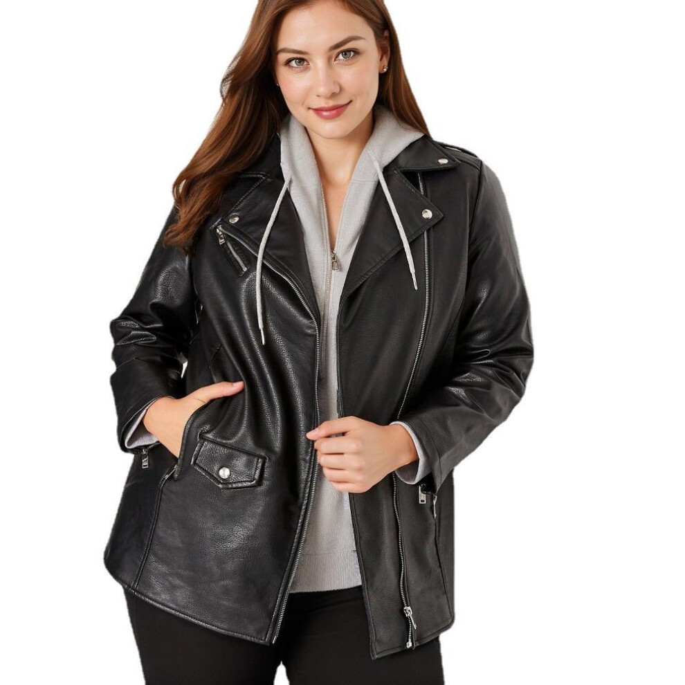 (black, 2XL) Vangull Brand Women Spring Autumn Lapel Collar Oversized Leather Jacket