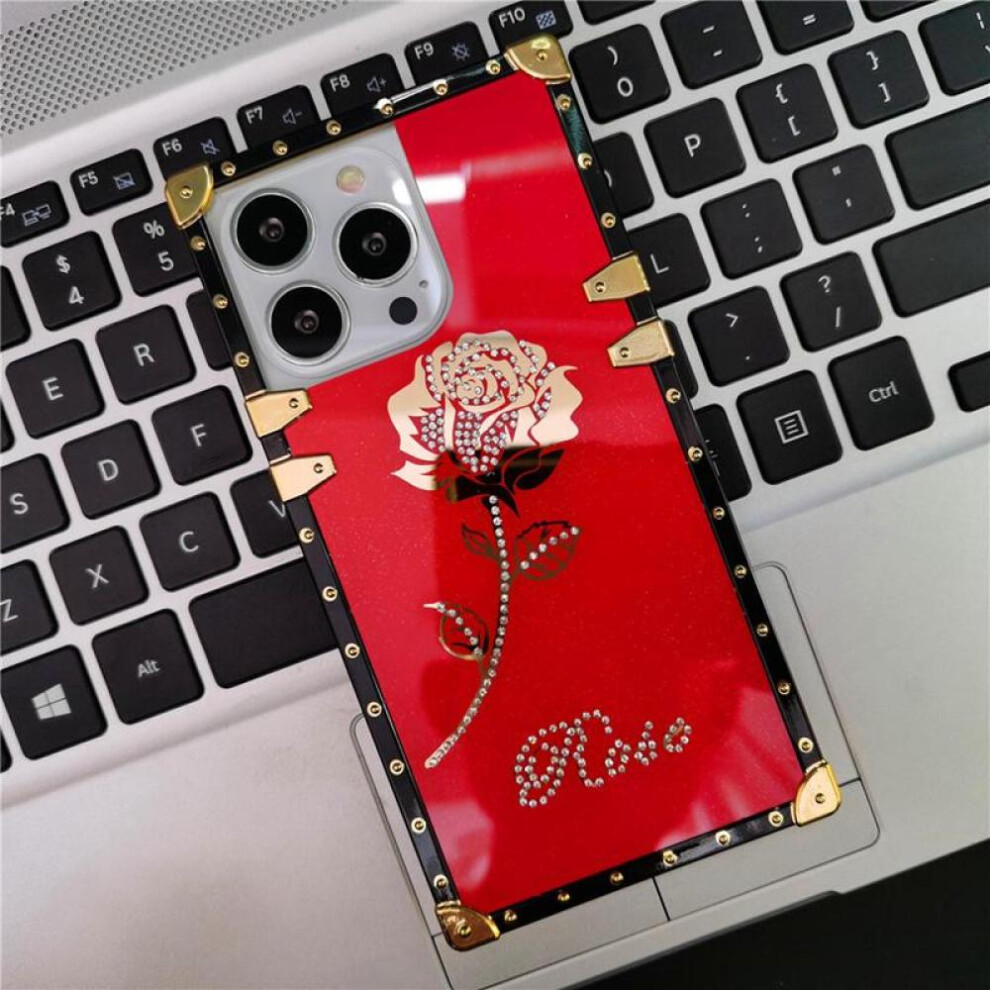 (red, iPhone 14) Luxury Glitter Gold Rose Flower Cover Square Diamond Case For Samsung Galaxy Huawei Xiaomi Redmi Iphone Vivo Oppo