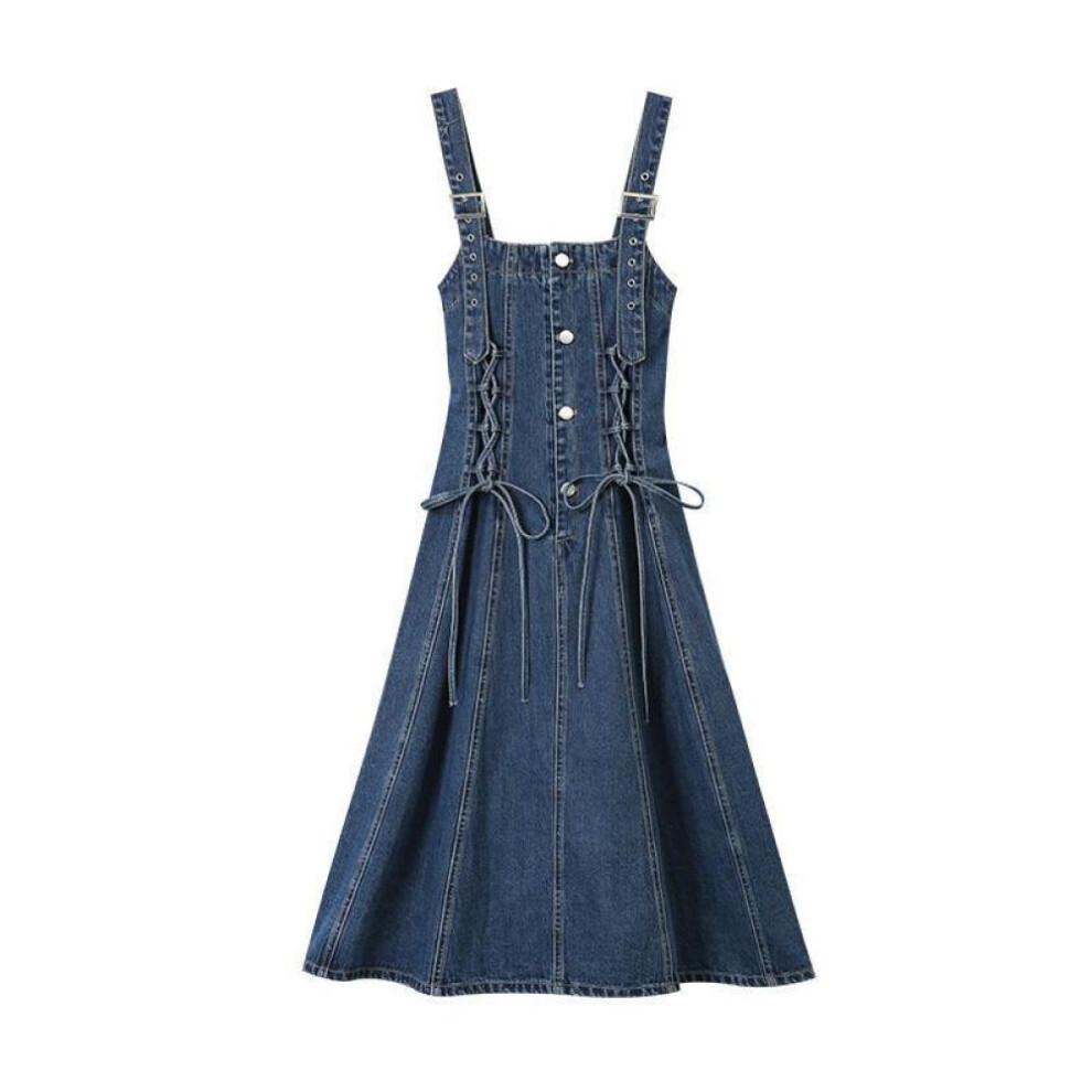 (blue, M) Vintage Fashion Denim Strap Dress For Women Summer A-line Square Collar Draw String Single Breasted Blue Dresses